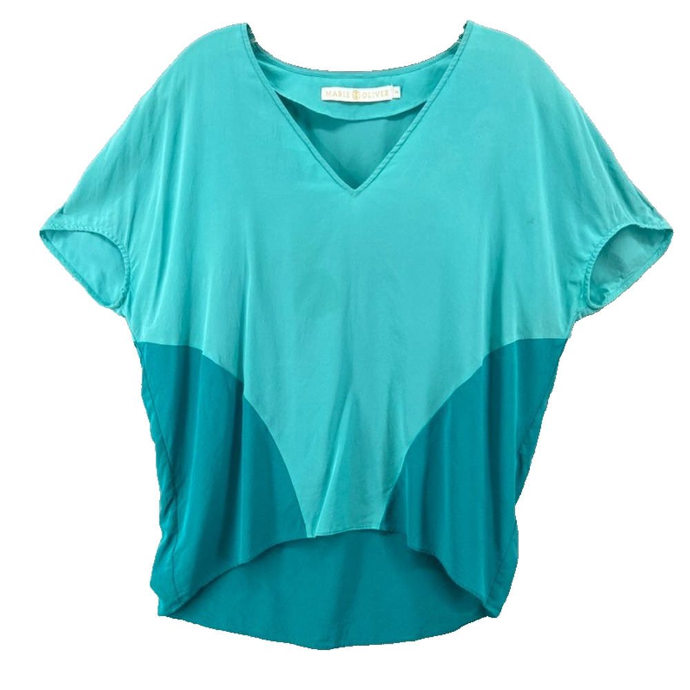 Marie Oliver Shirt‎ Womens Sz M Two Tone Blue 100% Silk Short Dolman Sleeve